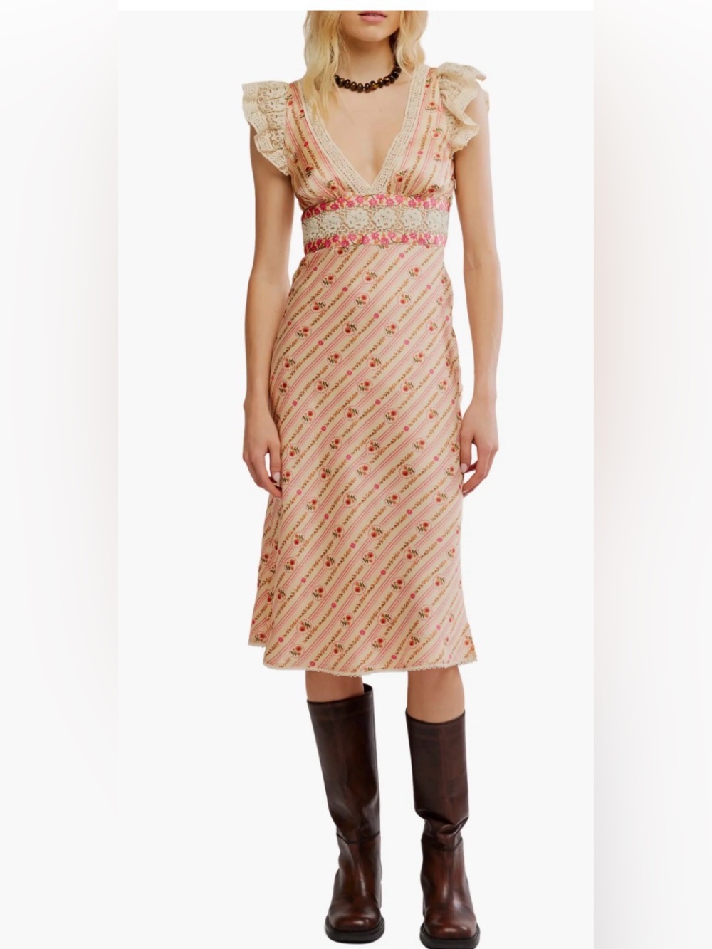 Free People Pink Floral Bali Belle Floral Ruffle Satin Midi Dress Large